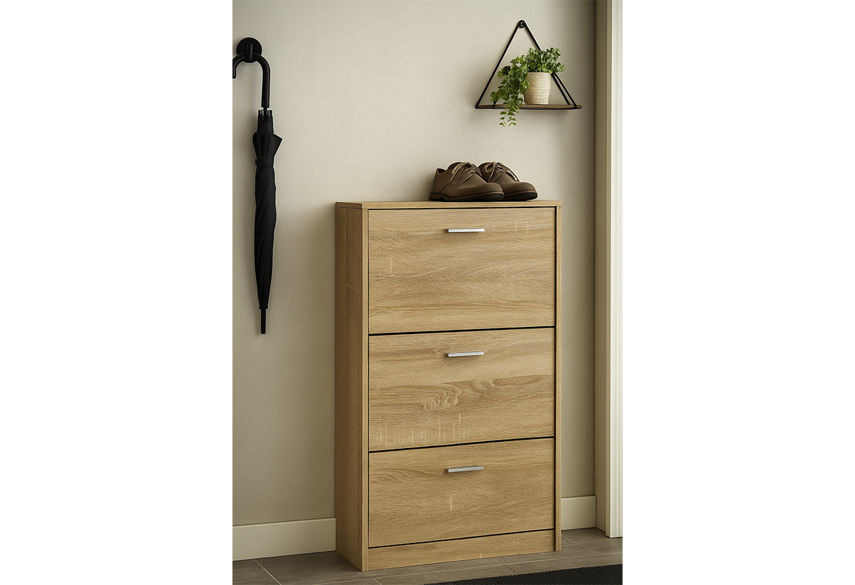 Απεικονίζεται η παπουτσοθήλη σε χωλ. Πάνω της ένα ζευγάρι παπούτσια, δίπλα της μια κρεμασμένη ομπρέλα και μια γλάστρα.